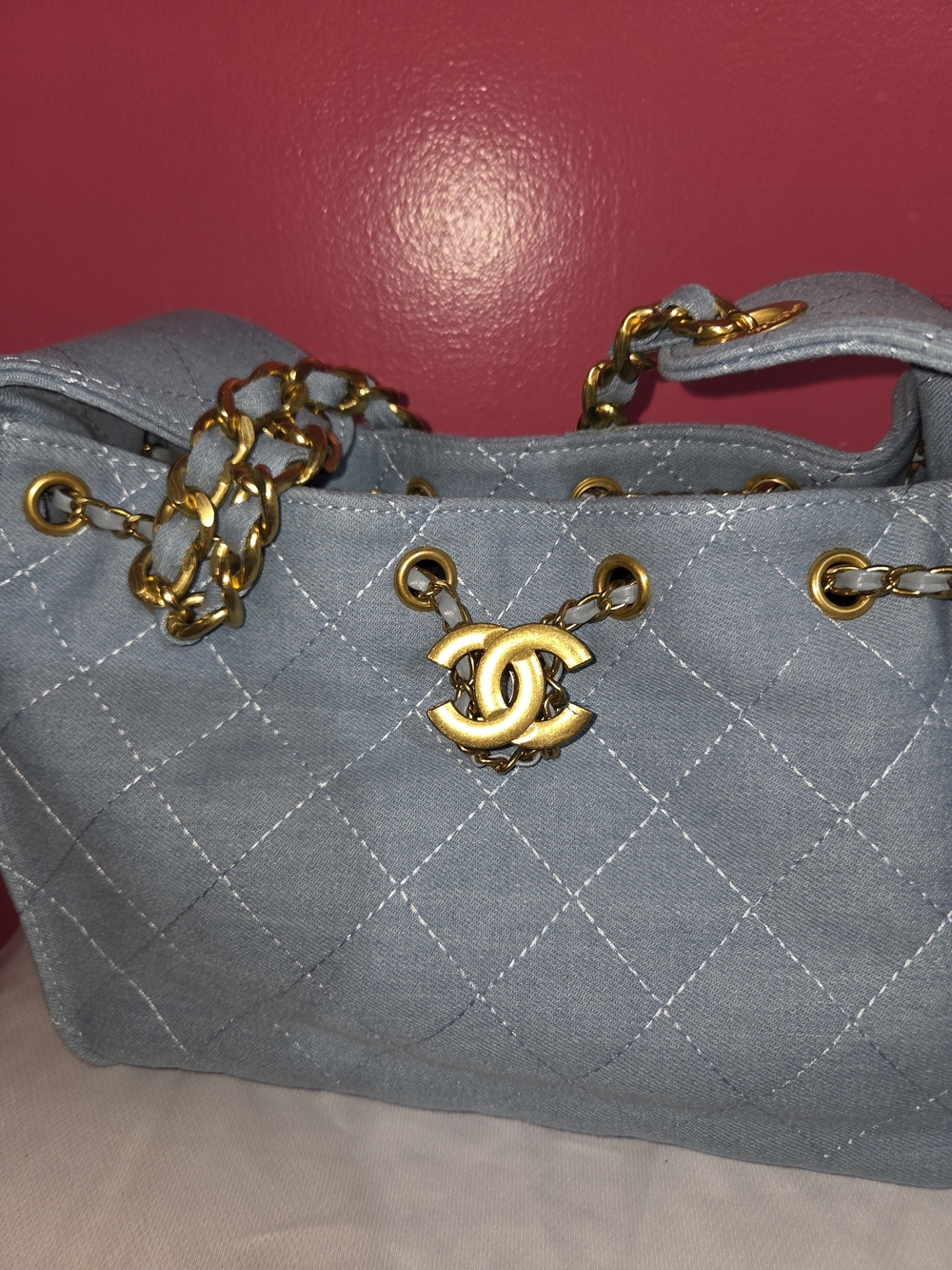 Quilted Light Blue Chain-Accent Shoulder Bag